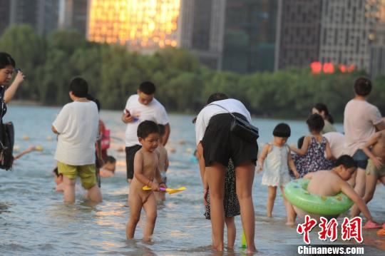 合肥市民在天鹅湖边戏水纳凉。　张娅子　摄