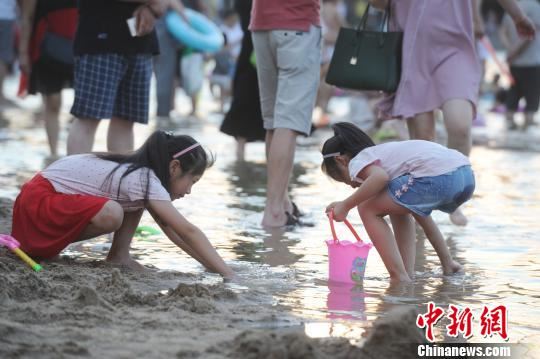 合肥市民在天鹅湖边戏水纳凉。　张娅子　摄